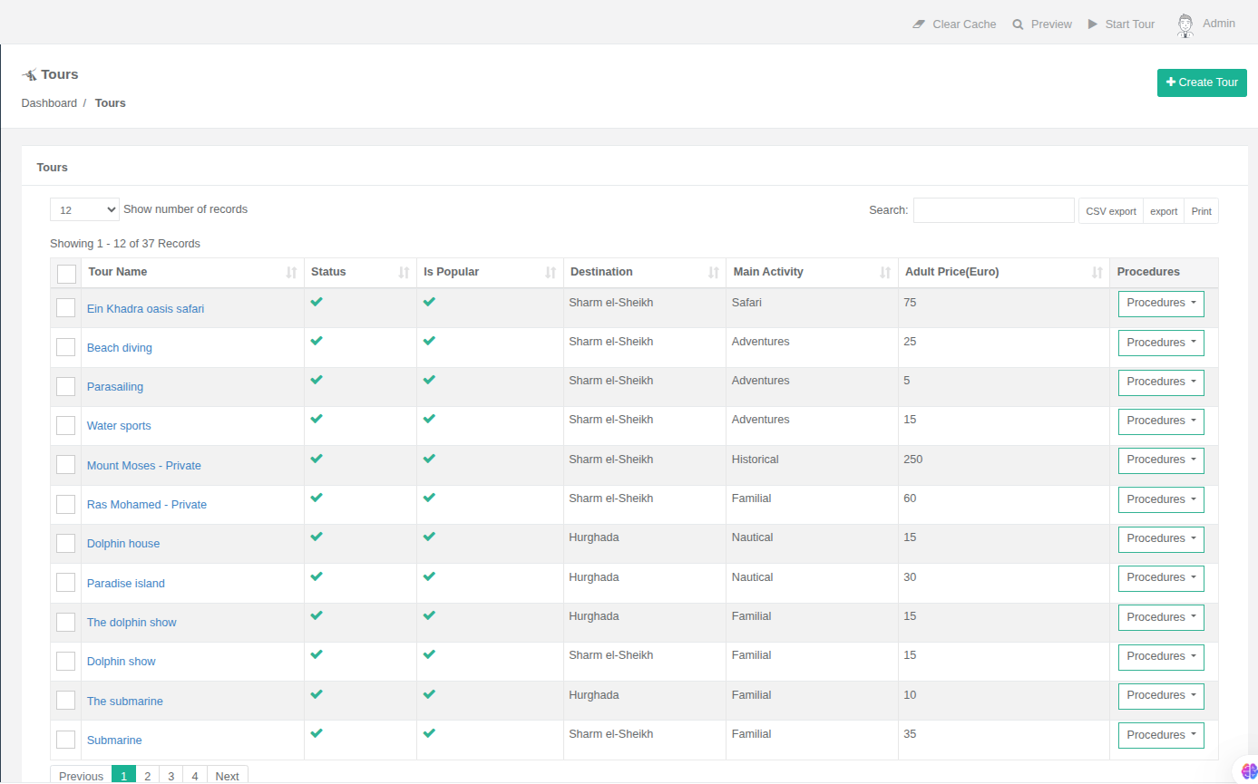 TravelZilla admin dashboard tours management with search, export, and status controls