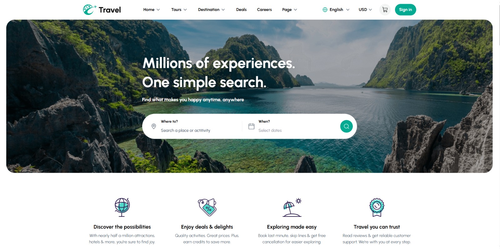 TravelZilla client website home page with hero search and tour discovery