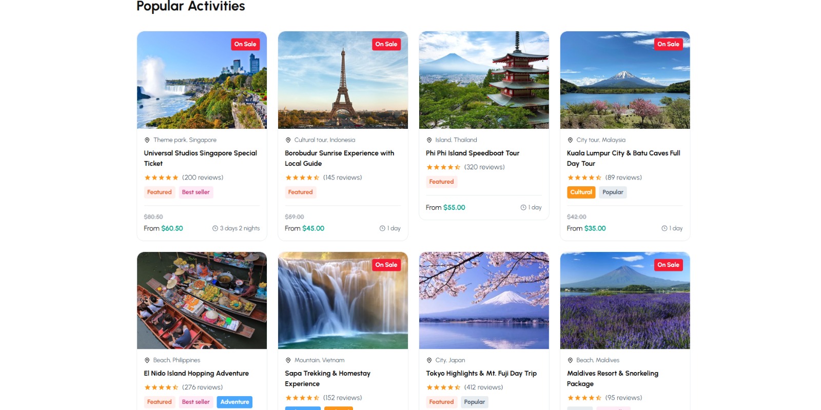 TravelZilla screenshot: Popular Activities