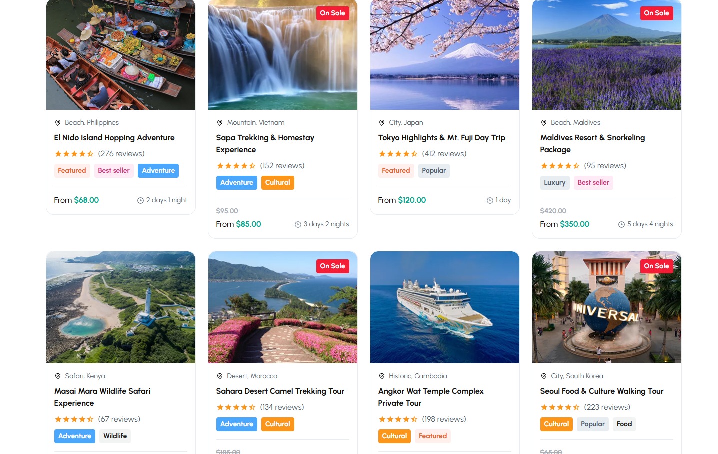 TravelZilla tours grid with On Sale and Best Seller badges